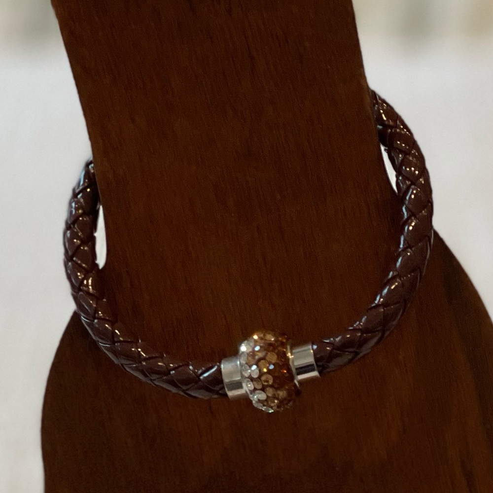 Brown Braided leather bracelet rhinestone stainless steel magnetic closure